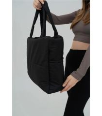 DZC KUZENLER AVM Samilon Kabartmalı Puf Kumaş Shopper Çanta Napoli Siyah  AĞZI FERMUARLI KOL OMUZ OKUL