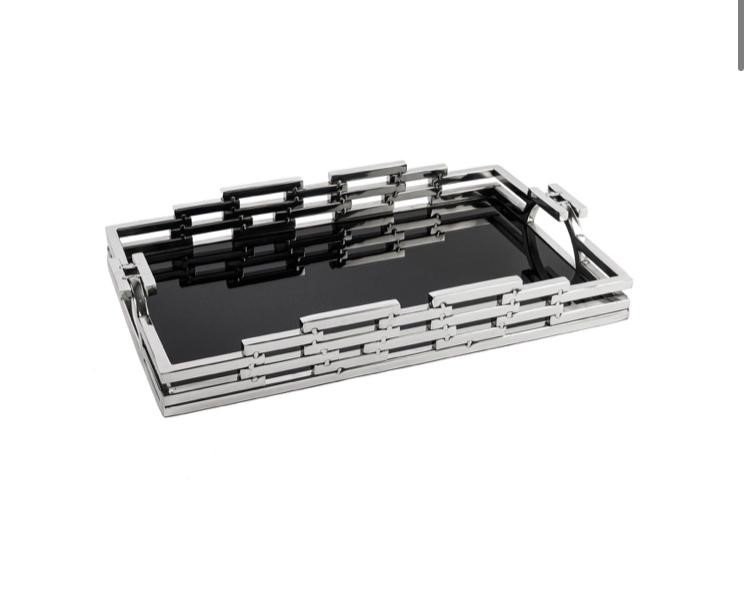 Gümüş Metal Siyah Camlı Tepsi 43x26x6cm
