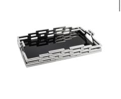 Gümüş Metal Siyah Camlı Tepsi 43x26x6cm