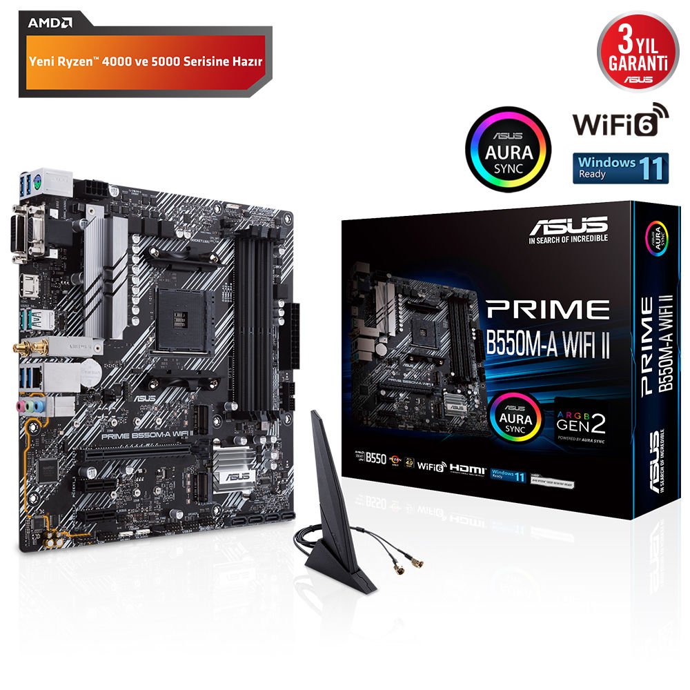 ASUS PRIME B550M-A WIFI II 4866MHz(OC) DDR4 Soket AM4 M.2 Wi-Fi HDMI D-SUB DVI mATX Anakart