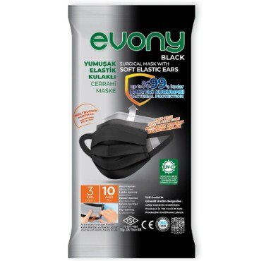 Evony Black Elastik Kulaklı Cerrahi Maske 10'lu