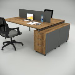 Akr Ofis  Ear İkili 140cm Alt Etajerli Çalışma Masası Workstation Ceviz