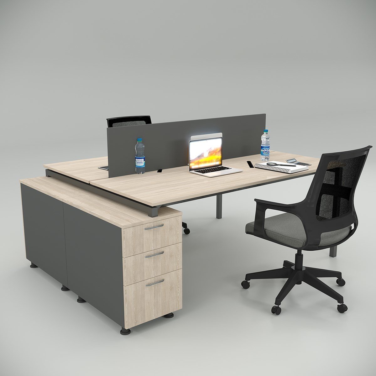 Akr Ofis  Ear İkili 140cm Alt Etajerli Çalışma Masası Workstation Meşe