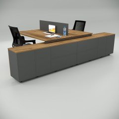Akr Ofis  Ear İkili 320 Cm Alt Etajerli Çalışma Masası Workstation Ceviz