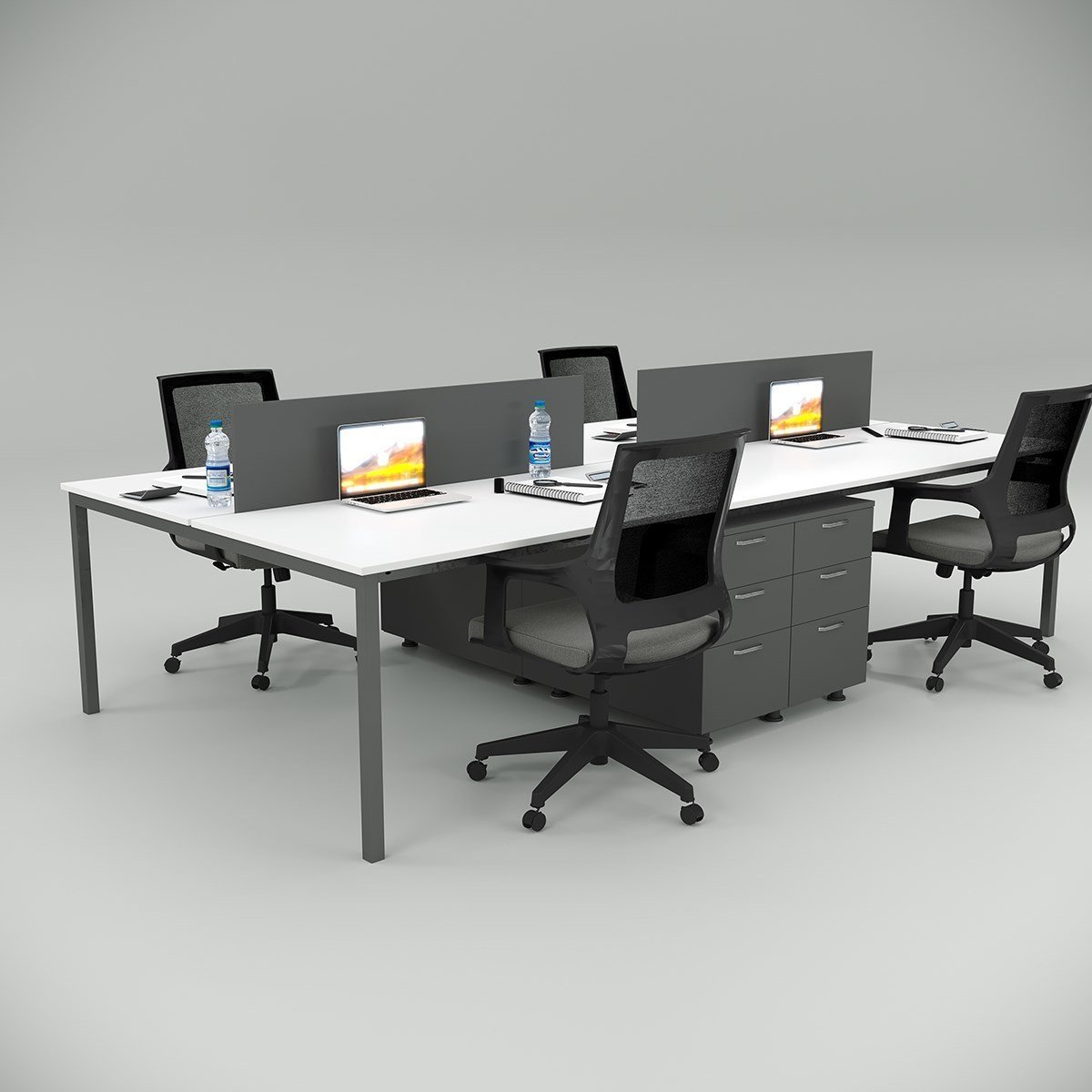 Akr Ofis  Ear Dörtlü Workstation Etajerli Beyaz
