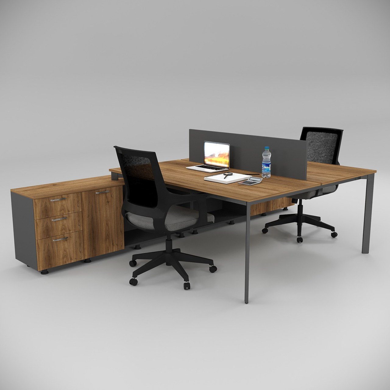 Akr Ofis  Corner İkili 320 Cm Alt Etajerli Çalışma Masası Workstation Ceviz