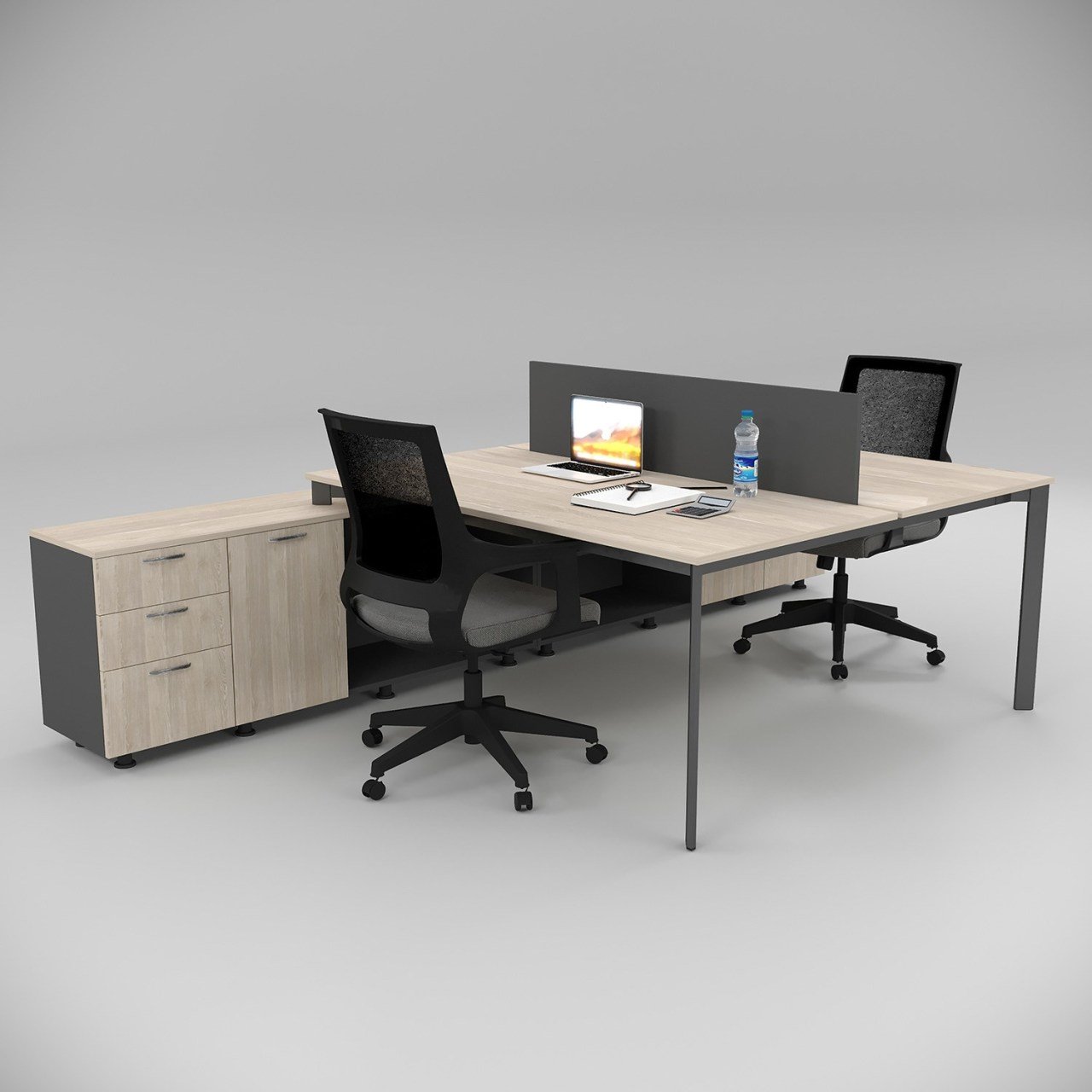 Akr Ofis  Corner İkili 320 Cm Alt Etajerli Çalışma Masası Workstation Meşe