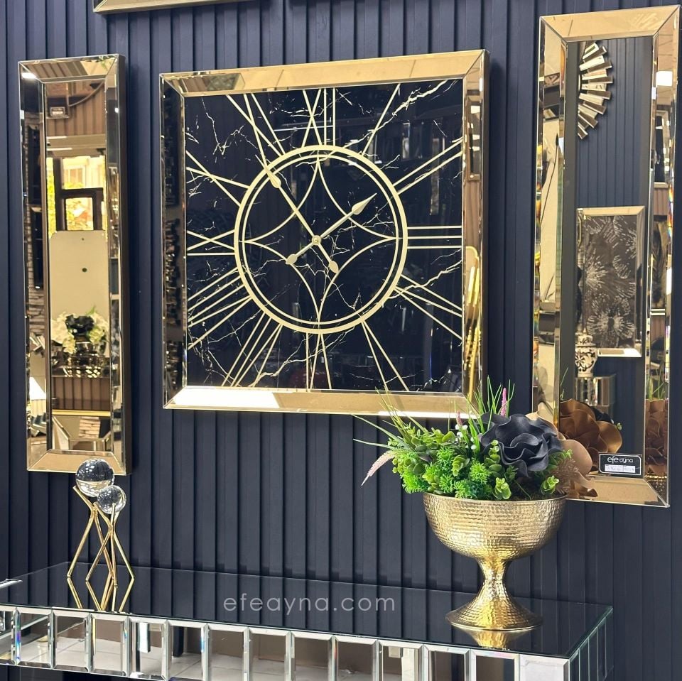 MERMER- 3'LÜ GOLD AYNA DUVAR SAATİ VE YAN AYNA SETİ