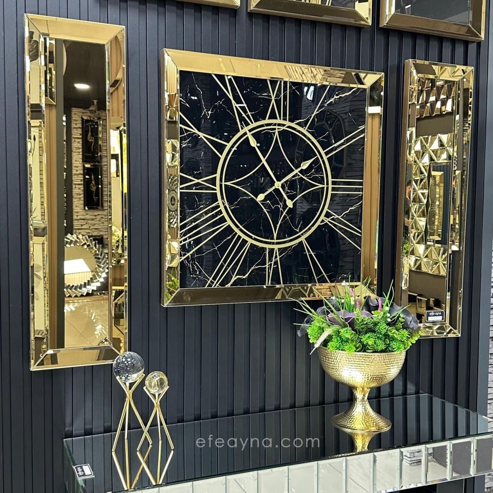 MERMER- 3'LÜ GOLD AYNA DUVAR SAATİ VE YAN AYNA SETİ