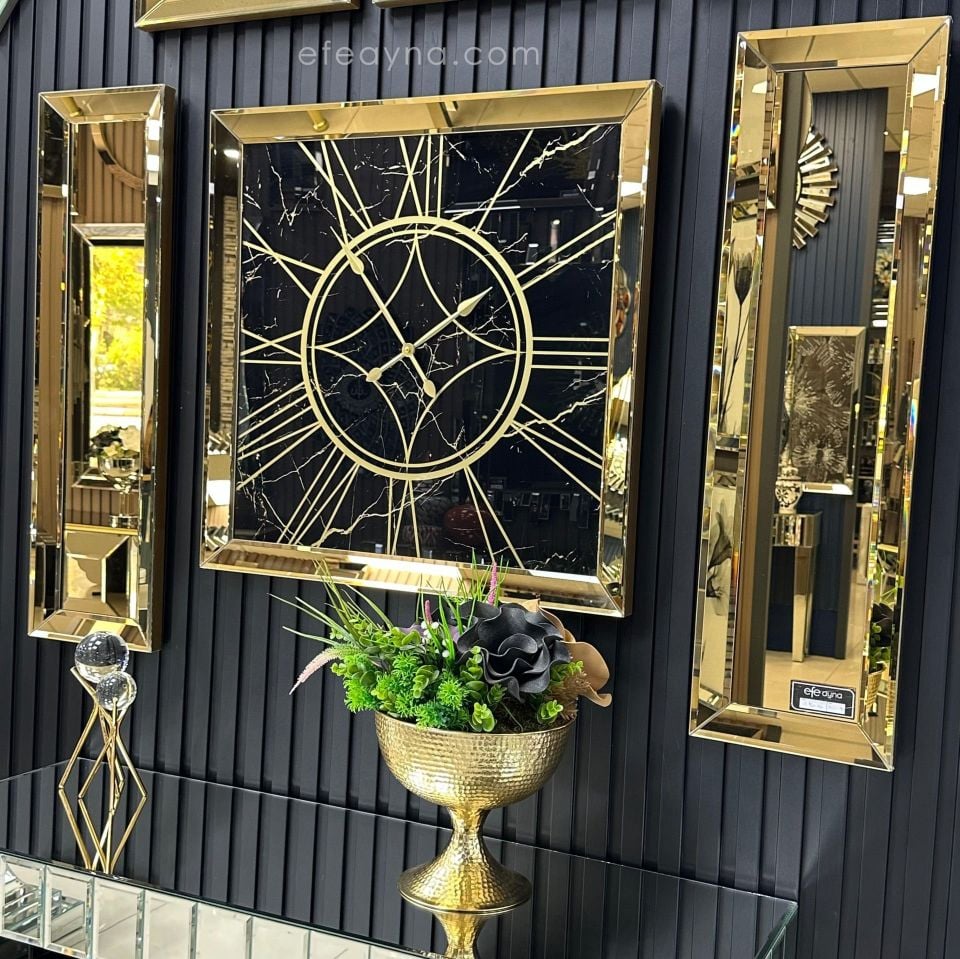 MERMER- 3'LÜ GOLD AYNA DUVAR SAATİ VE YAN AYNA SETİ