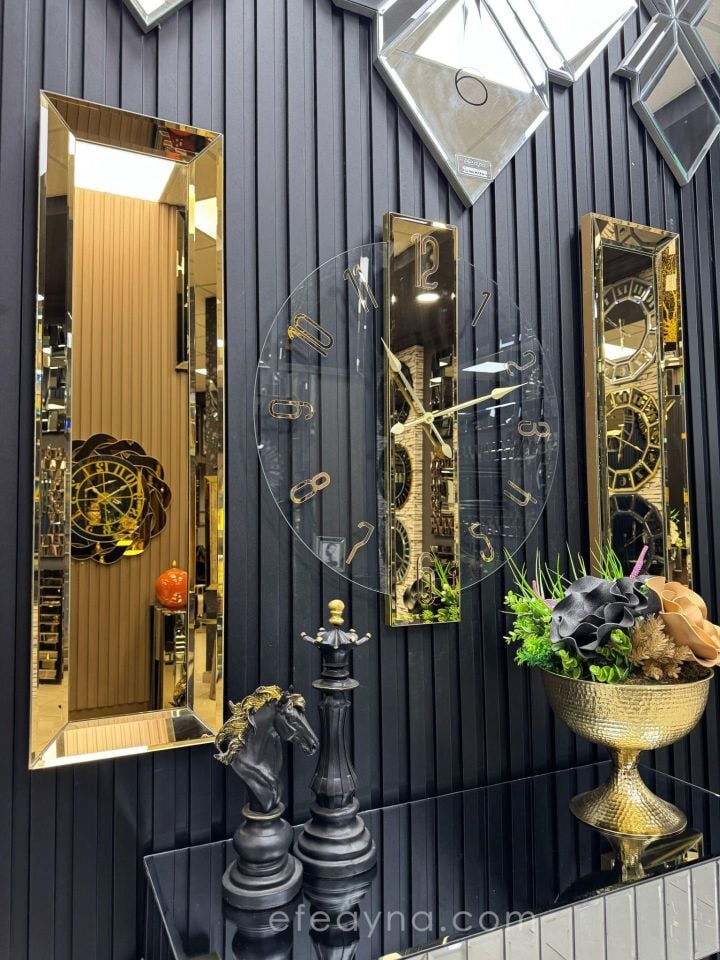 ŞEFFAF DUVAR SAATİ-3'LÜ GOLD DUVAR SAATİ & YAN AYNA SETİ