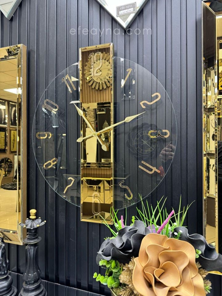 ŞEFFAF DUVAR SAATİ-3'LÜ GOLD DUVAR SAATİ & YAN AYNA SETİ