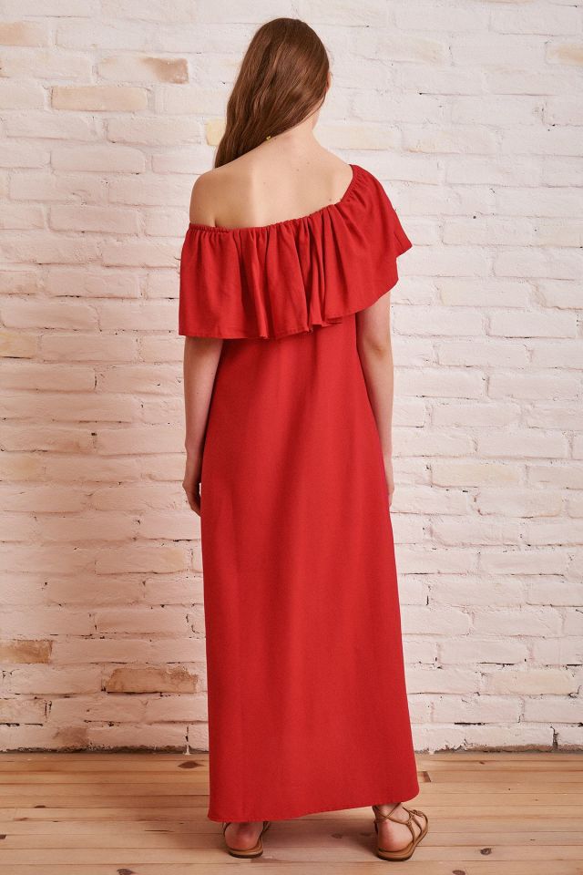 Kayık Yaka Uzun Keten Elbise - Kırmızı