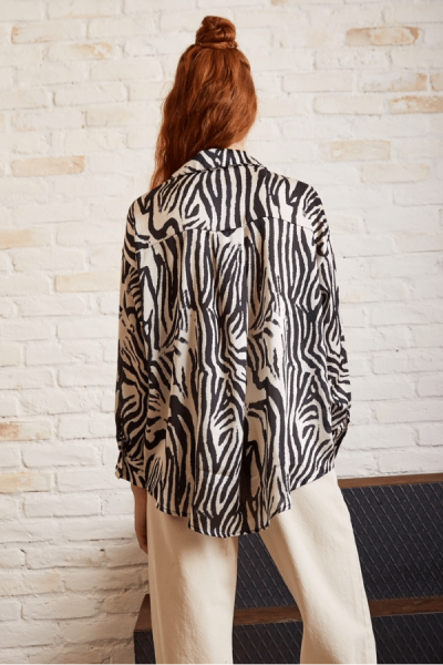 Zebra Desen Viskon Saten Gömlek - Beyaz