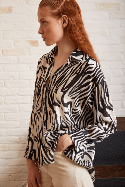 Zebra Desen Viskon Saten Gömlek - Beyaz