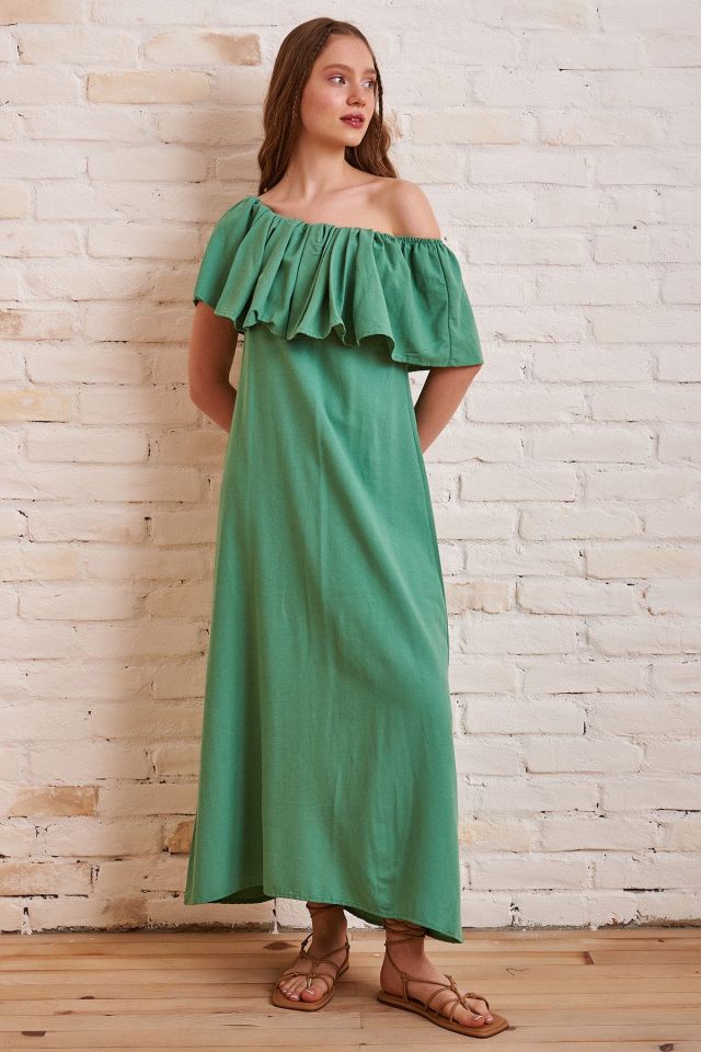 Kayık Yaka Uzun Keten Elbise - Yeşil