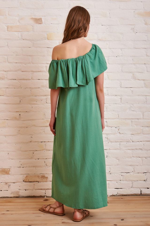 Kayık Yaka Uzun Keten Elbise - Yeşil