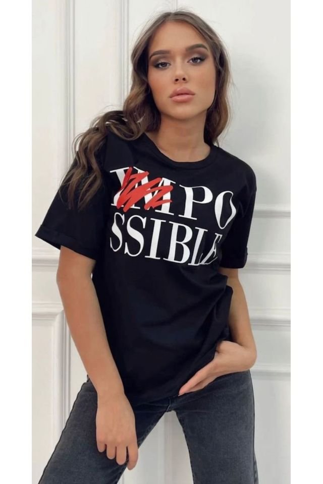 Impossible Baskılı Kısa Kol Tshirt - Siyah