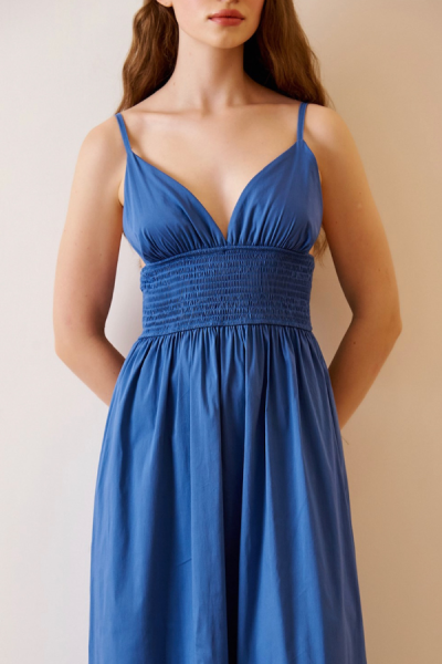 Beli Gipeli Askılı Poplin Elbise - Mavi