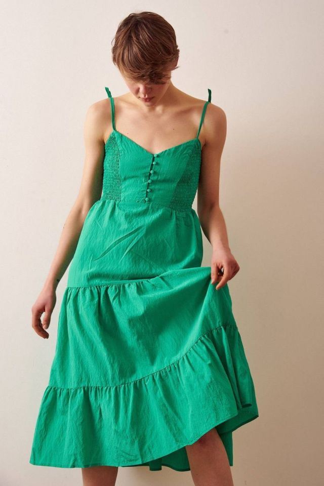 Askılı Düğmeli Elbise - Yeşil