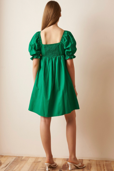 Balon Omuz Poplin Kısa Elbise - Yeşil