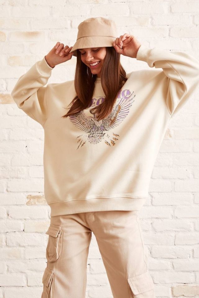 Baskılı Salaş Sweatshirt - Krem