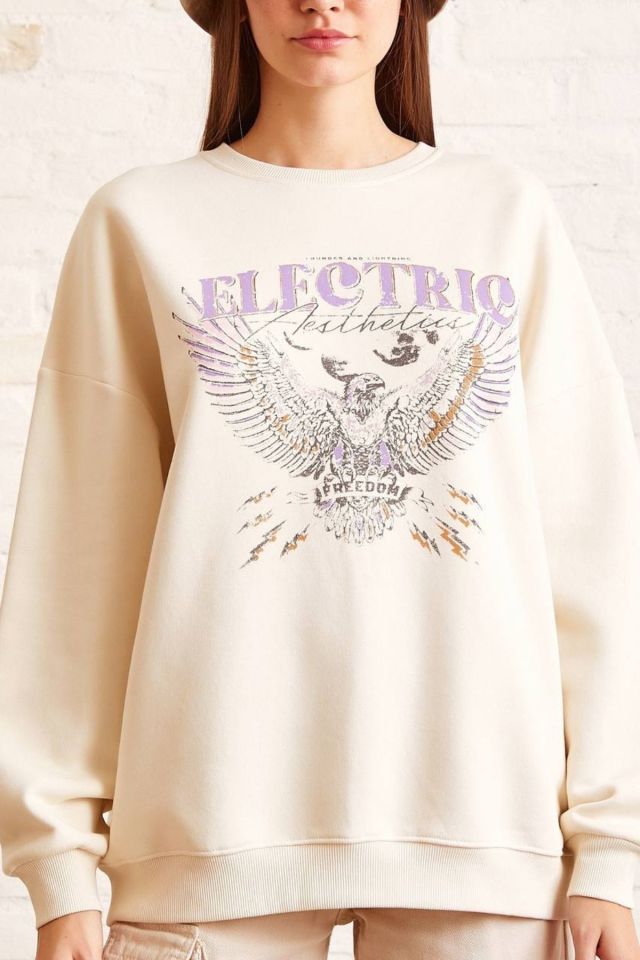 Baskılı Salaş Sweatshirt - Krem