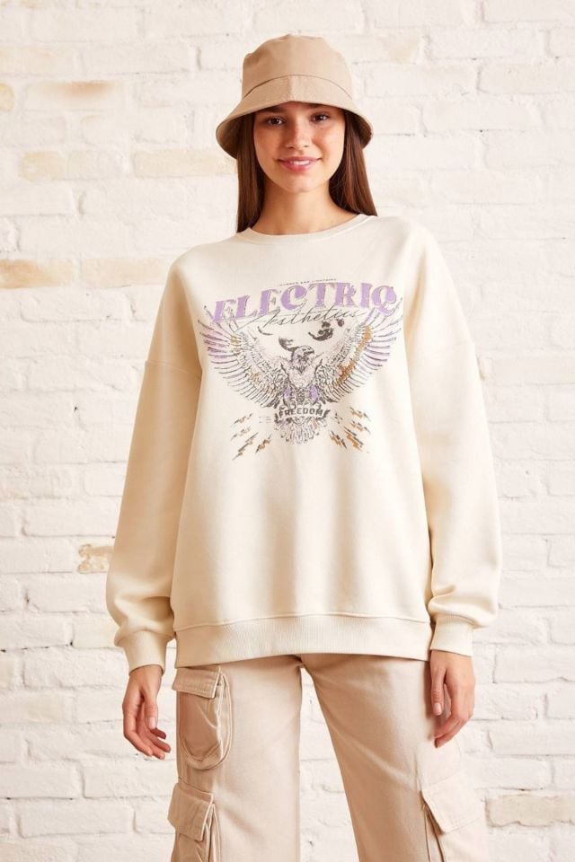 Baskılı Salaş Sweatshirt - Krem