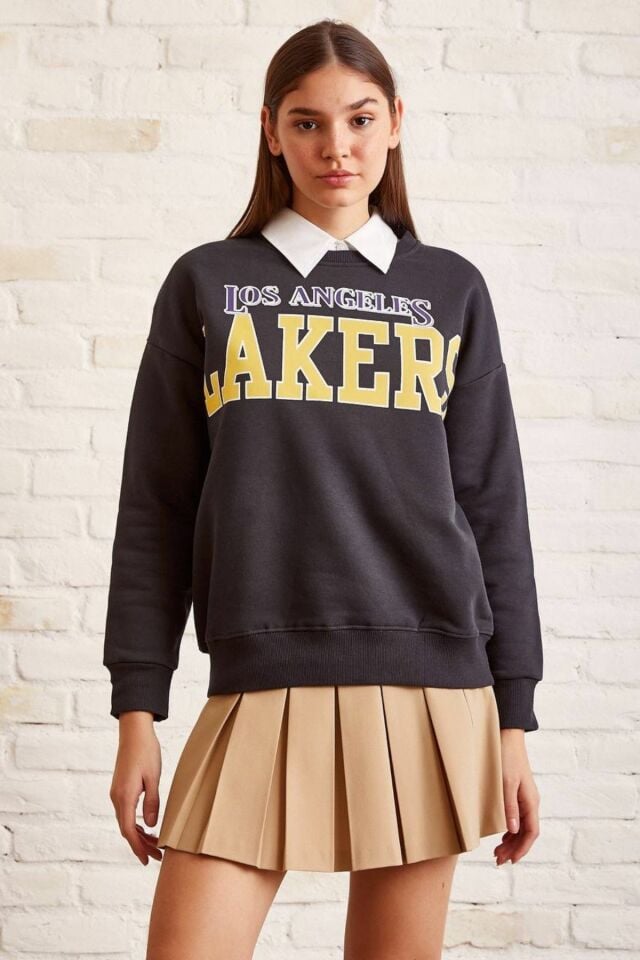 Baskılı Salaş Sweatshirt - Antrasit