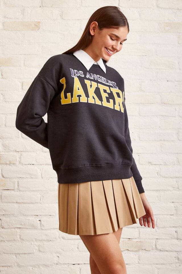 Baskılı Salaş Sweatshirt - Antrasit