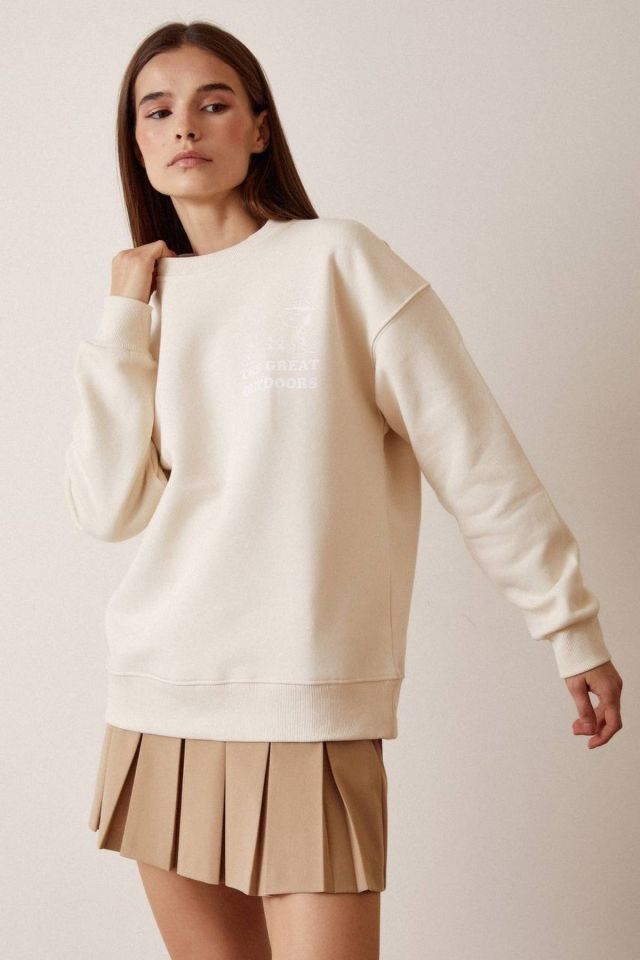 Sırtı Baskılı Sweatshirt - Ekru