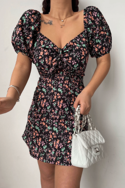 Çiçekli Mini Elbise  - Siyah