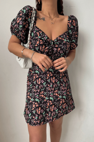 Çiçekli Mini Elbise  - Siyah