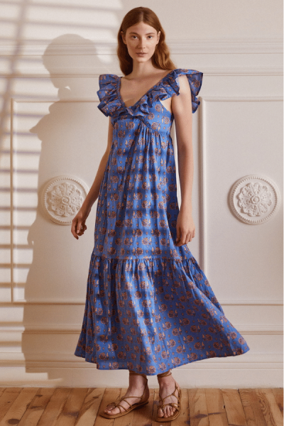 Omuzu Fırfırlı Uzun Poplin Elbise - Mavi