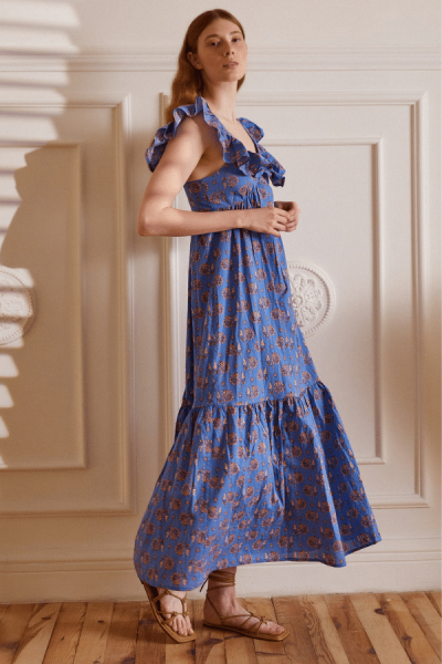 Omuzu Fırfırlı Uzun Poplin Elbise - Mavi