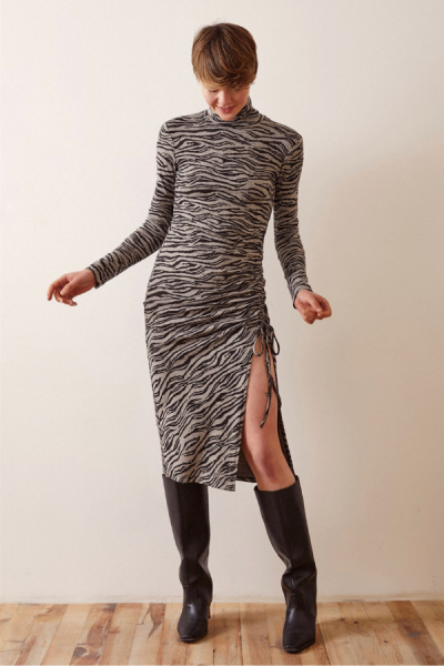 Zebra Desen Yırtmaçlı Elbise - Gri