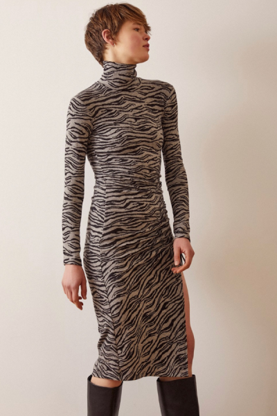 Zebra Desen Yırtmaçlı Elbise - Gri