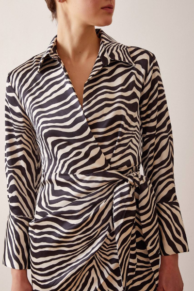 Zebra Desen Saten Elbise - Bej