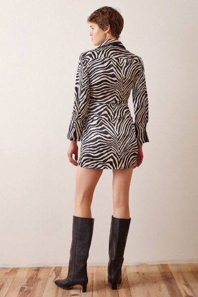 Zebra Desen Saten Elbise - Bej