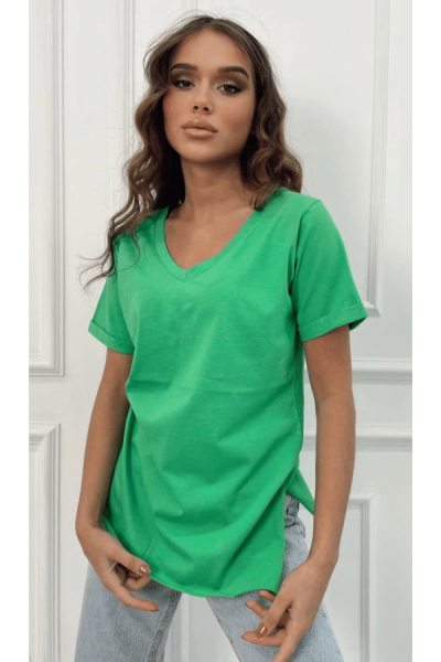 V-Yaka Yırtmaçlı Basic Tshirt - Yeşil