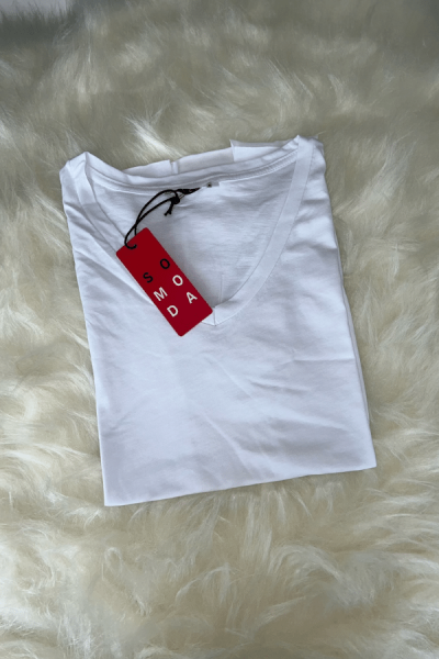 V-Yaka Yırtmaçlı Basic Tshirt - Beyaz