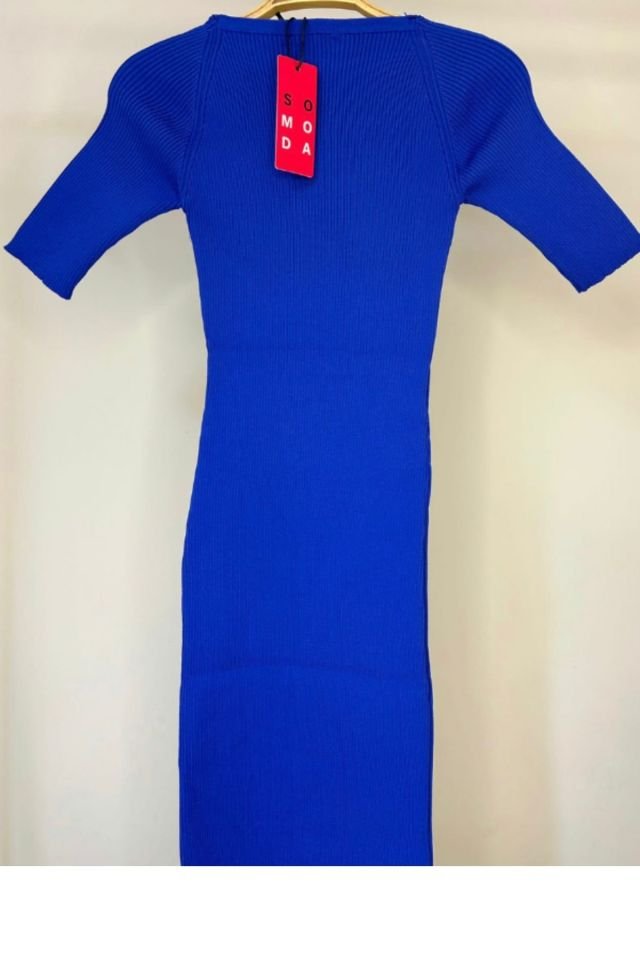 Kalp Yaka Yarım Kol Triko Elbise - Saks Mavi
