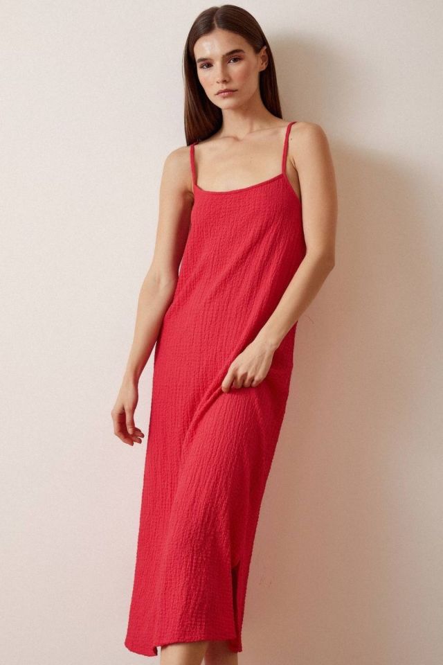 Askılı Düz Elbise - Kırmızı