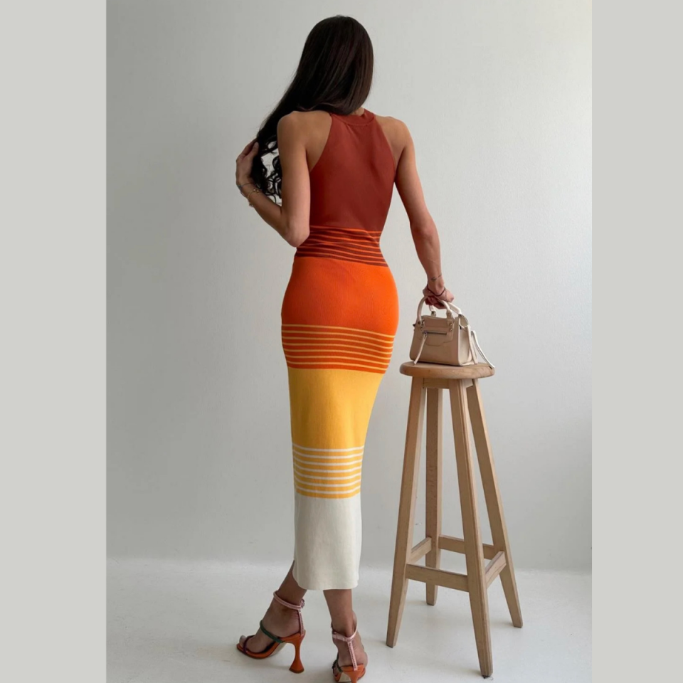 Halter Yaka Çizgi Detay Triko Elbise - Kiremit