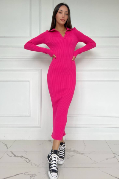 Polo Yaka Triko Elbise - Pembe