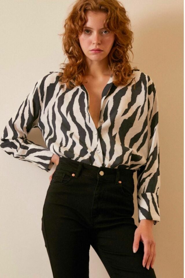 Zebra Desen Modal Gömlek - Beyaz