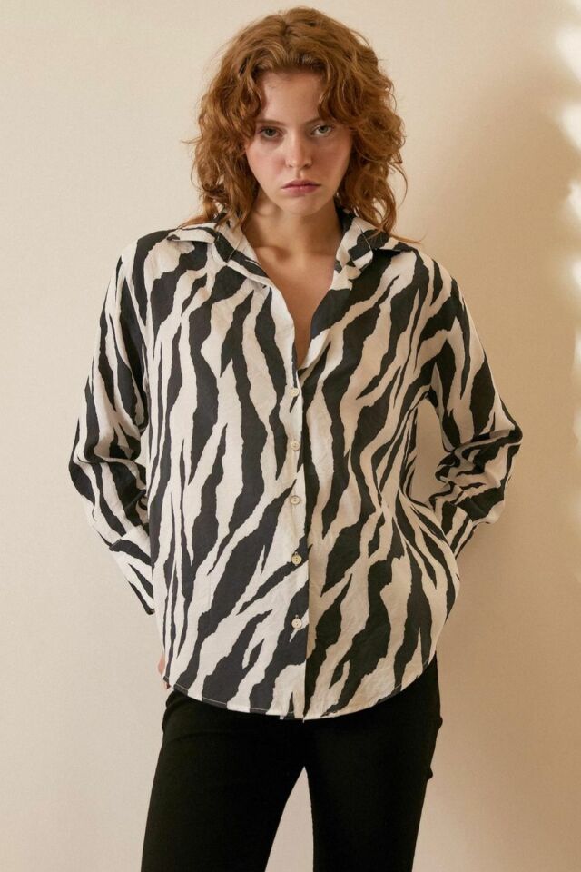 Zebra Desen Modal Gömlek - Beyaz