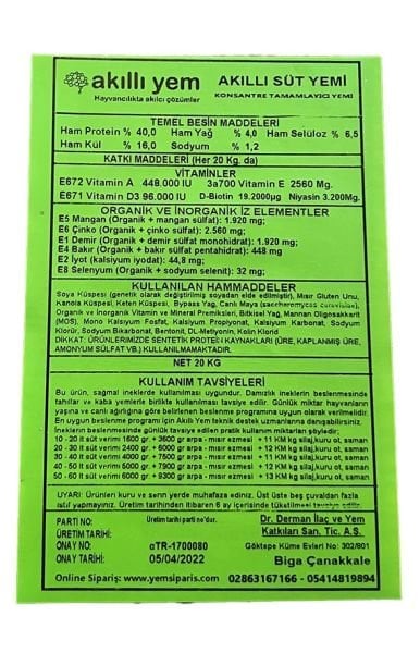 Akıllı Yem 40 HP Konsantre Süt Yemi 20 KG