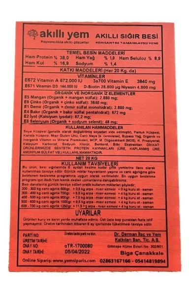 Akıllı Yem 38 HP Konsantre Besi Yemi 20 KG