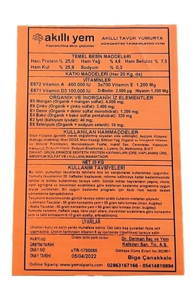 Akıllı Yem 25 HP Konsantre Tavuk Yumurta Yemi 20 KG